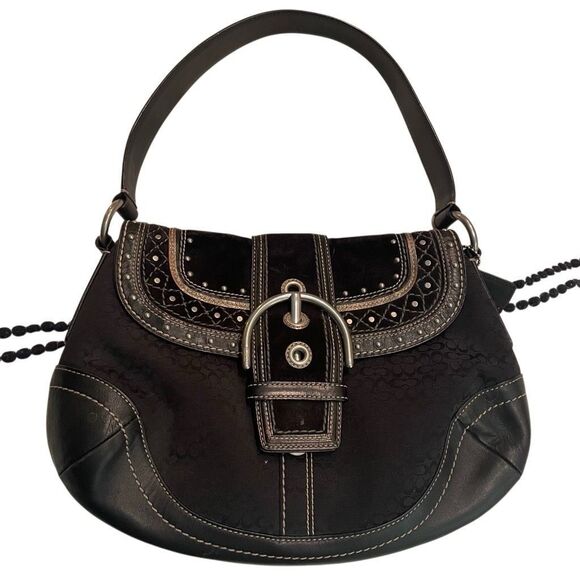 Y2K Coach Soho Hobo Bag Black Jacquard Leather Suede Studded F11517 - Picture 1 of 8